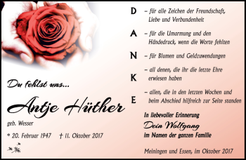 Traueranzeige von Antje Hüther von Südthüringer Presse