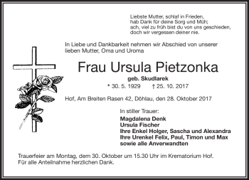 Traueranzeige von Ursula Pietzonka von Frankenpost