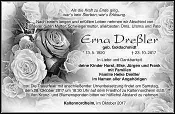 Traueranzeige von Erna Dreßler von Südthüringer Presse