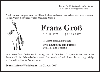 Traueranzeige von Franz Groß von Südthüringer Presse