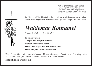 Traueranzeige von Waldemar Rothamel von Südthüringer Presse