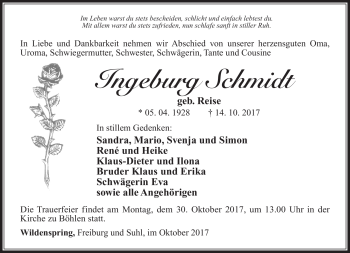 Traueranzeige von Ingeburg Schmidt von Südthüringer Presse