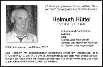 Traueranzeige von Helmuth Hüttel von Südthüringer Presse
