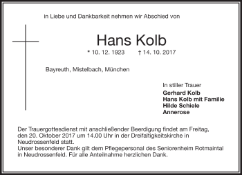 Traueranzeige von Hans Kolb von Frankenpost