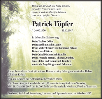 Traueranzeige von Patrick Töpfer von Südthüringer Presse