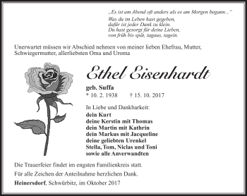 Traueranzeige von Ethel Eisenhardt von Südthüringer Presse