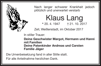 Traueranzeige von Klaus Lang von Frankenpost