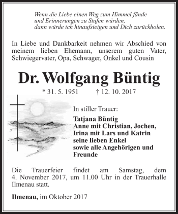 Traueranzeige von Wolfgang Büntig von Südthüringer Presse