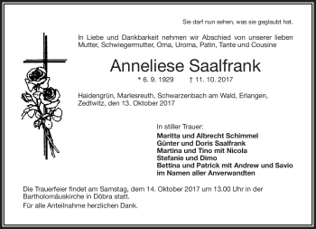 Traueranzeige von Anneliese Saalfrank von Frankenpost