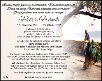 Traueranzeige von Peter Frank von Südthüringer Presse