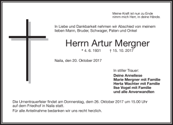 Traueranzeige von Artur Mergner von Frankenpost