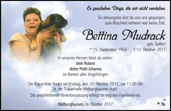 Traueranzeige von Bettina Mudrack von Südthüringer Presse