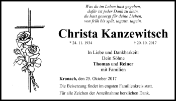 Traueranzeige von Christa Kanzewitsch von Neue Presse Coburg