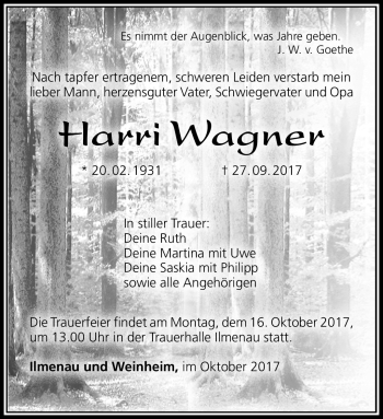 Traueranzeige von Harri Wagner von Südthüringer Presse