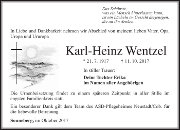 Traueranzeige von Karl-Heinz Wentzel von Südthüringer Presse