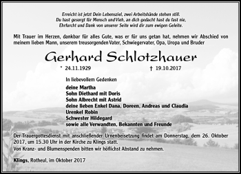 Traueranzeige von Gerhard Schlotzhauer von Südthüringer Presse