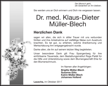 Traueranzeige von Klaus-Dieter Müller-Blech von Südthüringer Presse
