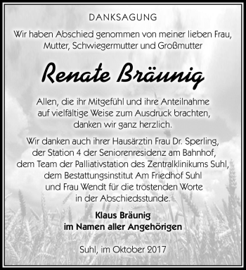 Traueranzeige von Renate Bräunig von Südthüringer Presse