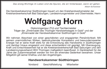 Traueranzeige von Wolfgang Horn von Südthüringer Presse