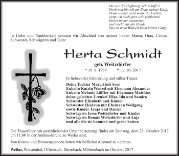 Traueranzeige von Herta Schmidt von Südthüringer Presse