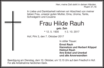 Traueranzeige von Hilde Rauh von Frankenpost