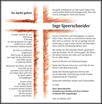 Traueranzeige von Inge Speerschneider von Südthüringer Presse