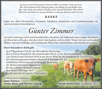 Traueranzeige von Günter Zimmer von Südthüringer Presse