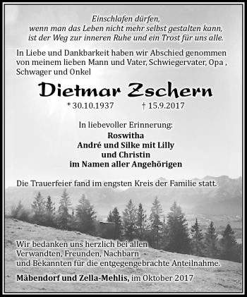 Traueranzeige von Dietmar Zschern von Südthüringer Presse