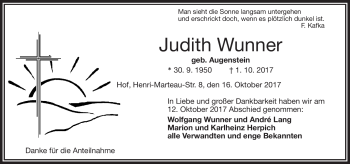 Traueranzeige von Judith Wunner von Frankenpost