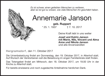 Traueranzeige von Annemarie Janson von Neue Presse Coburg