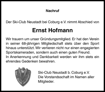 Traueranzeige von Ernst Hofmann von Neue Presse Coburg