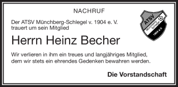 Traueranzeige von Heinz Becher von Frankenpost