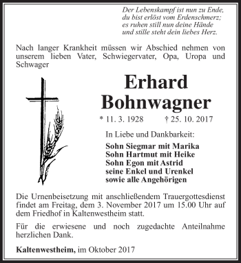 Traueranzeige von Erhard Bohnwagner von Südthüringer Presse