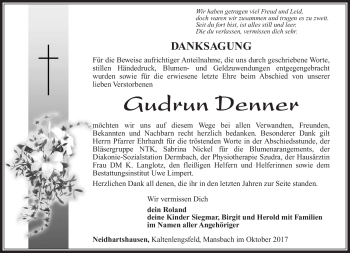 Traueranzeige von Gudrun Denner von Südthüringer Presse