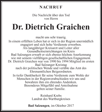 Traueranzeige von Dr. Dietrich Graichen von Südthüringer Presse