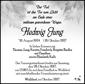 Traueranzeige von Hedwig Jung von Südthüringer Presse