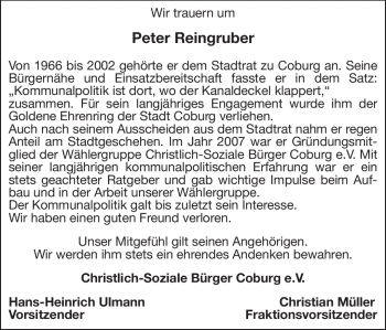 Traueranzeige von Peter Reingruber von Neue Presse Coburg