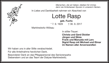 Traueranzeige von Lotte Rasp von Frankenpost