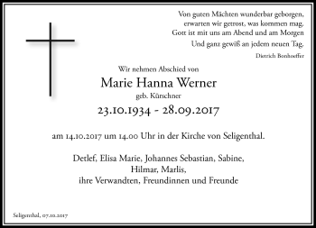 Traueranzeige von Hanna Werner von Südthüringer Presse