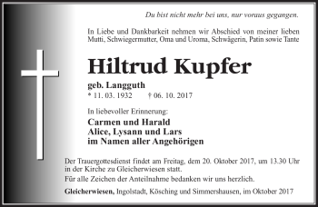 Traueranzeige von Hiltrud Kupfer von Südthüringer Presse