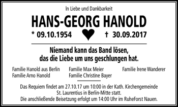 Traueranzeige von Hans-Georg Hanold von Frankenpost