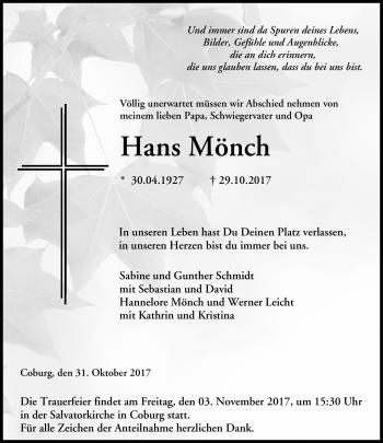 Traueranzeige von Hans Mönch von Neue Presse Coburg