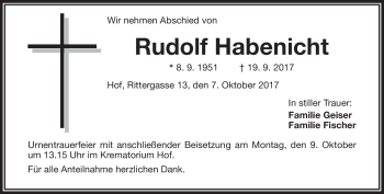 Traueranzeige von Rudolf Habenicht von Frankenpost