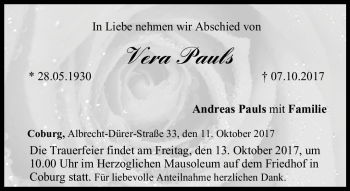 Traueranzeige von Vera Pauls von Neue Presse Coburg