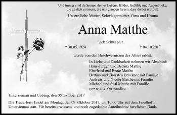 Traueranzeige von Anna Matthe von Neue Presse Coburg