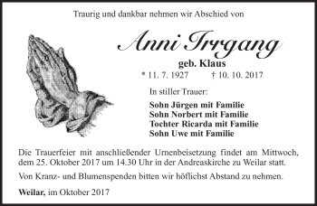 Traueranzeige von Anni Irrgang von Südthüringer Presse