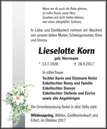 Traueranzeige von Lieselotte Korn von Südthüringer Presse