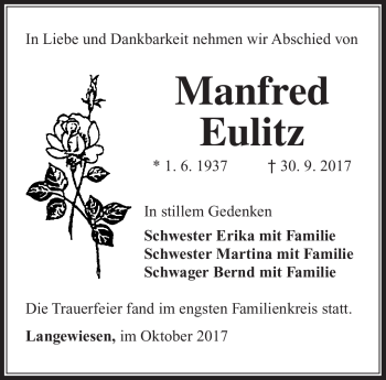 Traueranzeige von Manfred Eeulitz von Südthüringer Presse