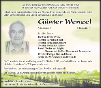 Traueranzeige von Günter Wenzel von Südthüringer Presse