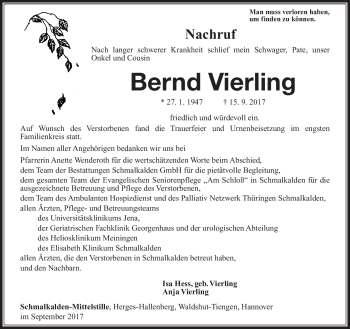 Traueranzeige von Bernd Vierling von Südthüringer Presse